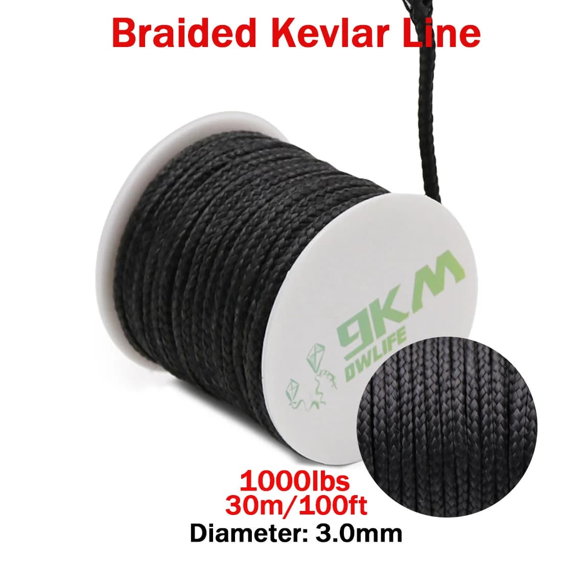 Svart flettet Kevlar-tau, 50-2000 lbs
