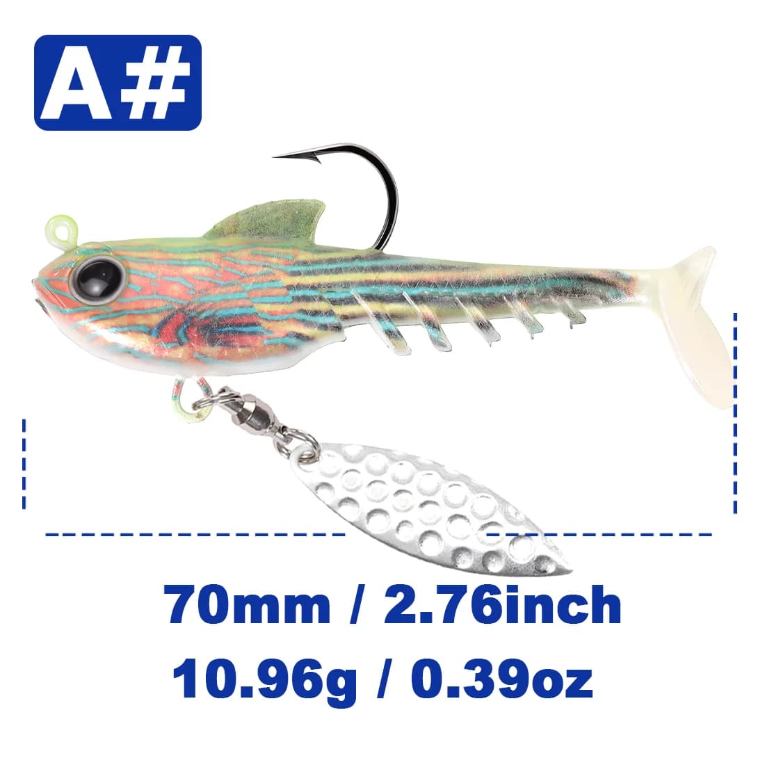 Myk plastisk swimbait med jigghode og spinnerblad