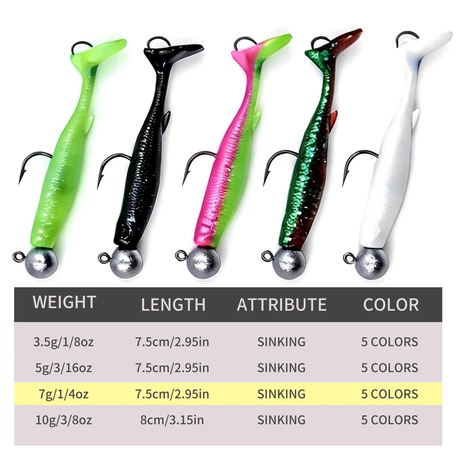 Paddle Tail Soft Swim Baits med dobbelkroker, 5-pakning