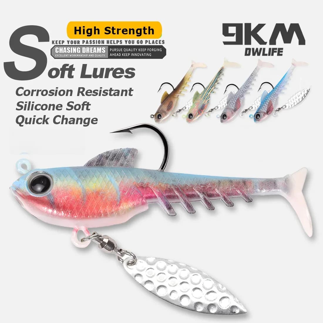 Myk plastisk swimbait med jigghode og spinnerblad