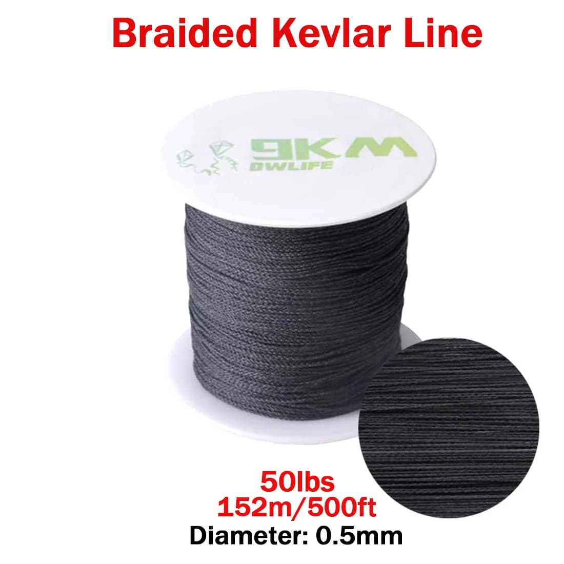 Svart flettet Kevlar-tau, 50-2000 lbs